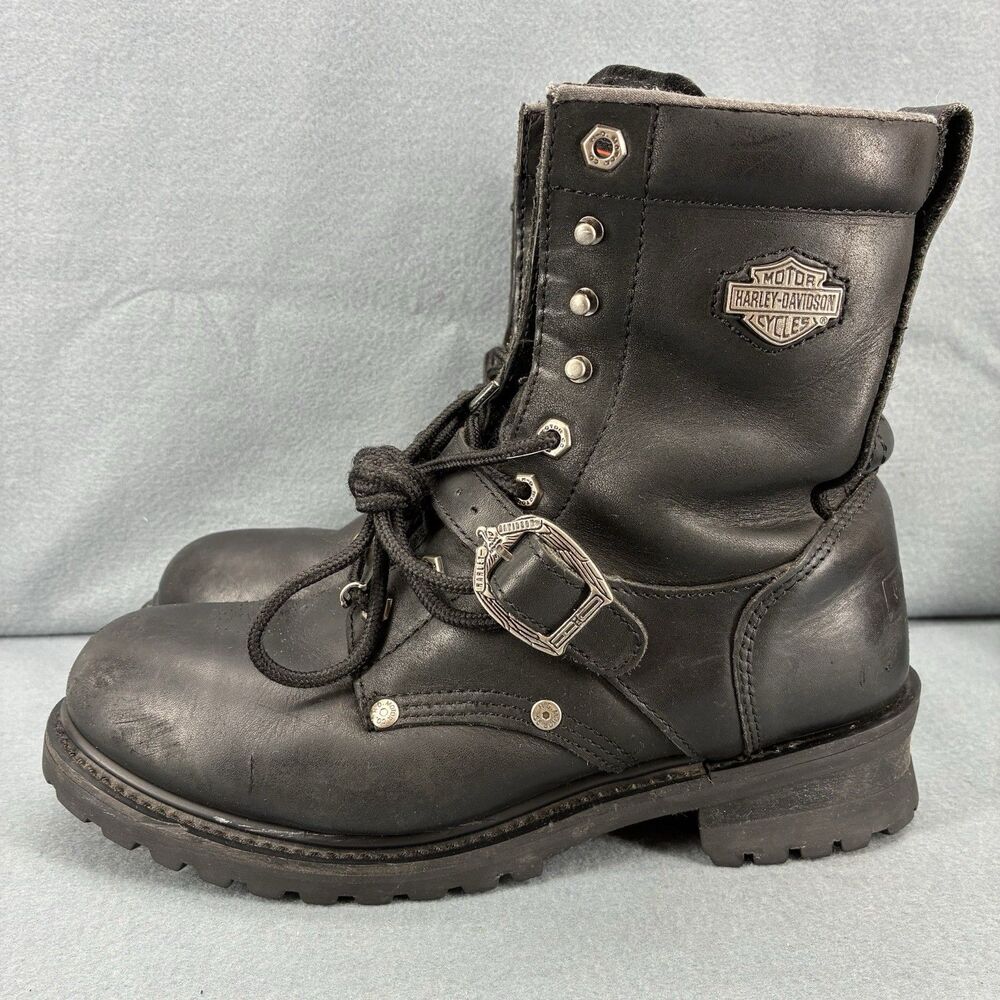 Harley Davidson Men’s Black Leather Motorcycle Biker Boots Size 9 Buckle Lace